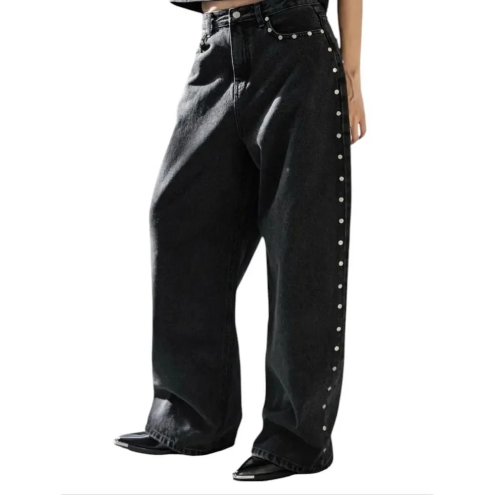 AiiRZ Studded Wide Leg Jeans Black Denim Barrel Pants Size 30 - Picture 10 of 13